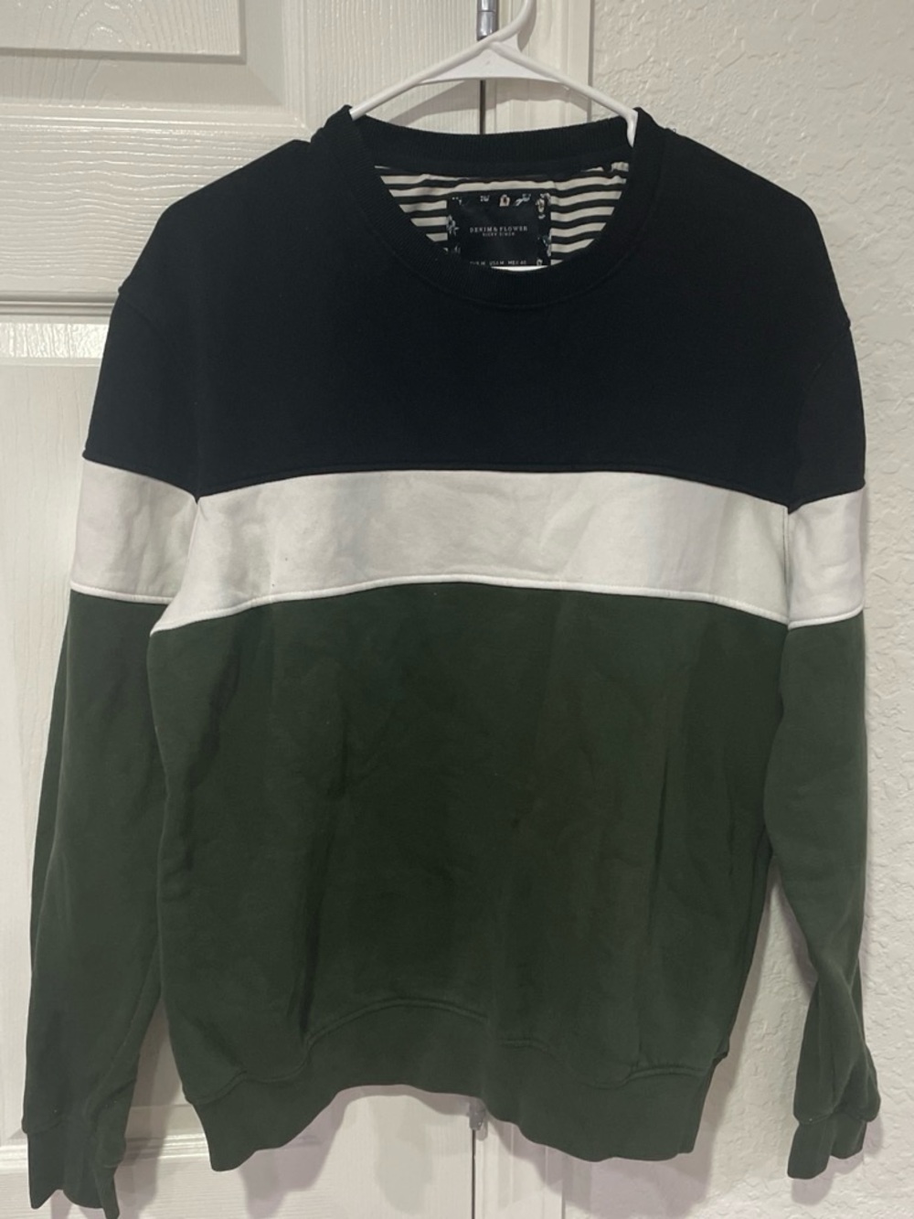 Striped-Trim Colorblock Crewneck Sweater - Black/White/Green